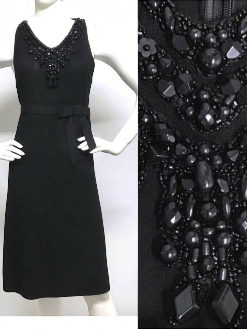 VERA WANG LAVENDER Label Black Beaded Wool Sheath Cocktail Party Dress LBD 8